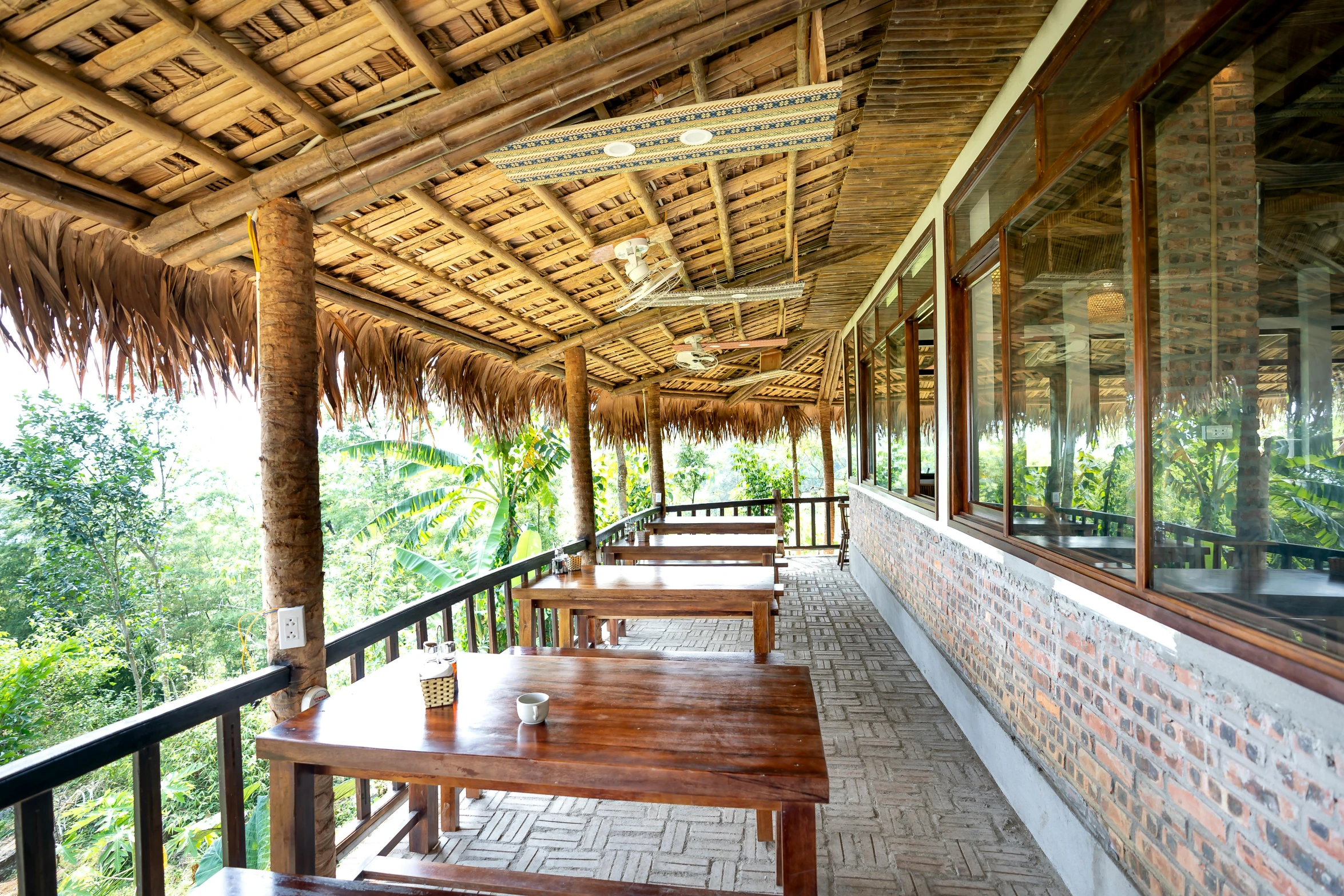 a row of tables sitting on the side of a building, in a jungle, bao phan, profile image, patio