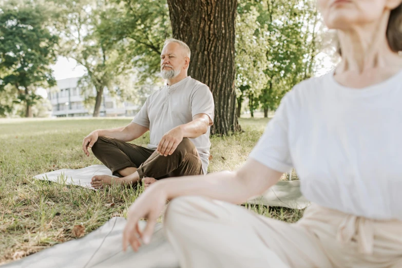 a man and a woman doing yoga in the park, pexels contest winner, relaxed dwarf with white hair, 15081959 21121991 01012000 4k, brown, an oldman