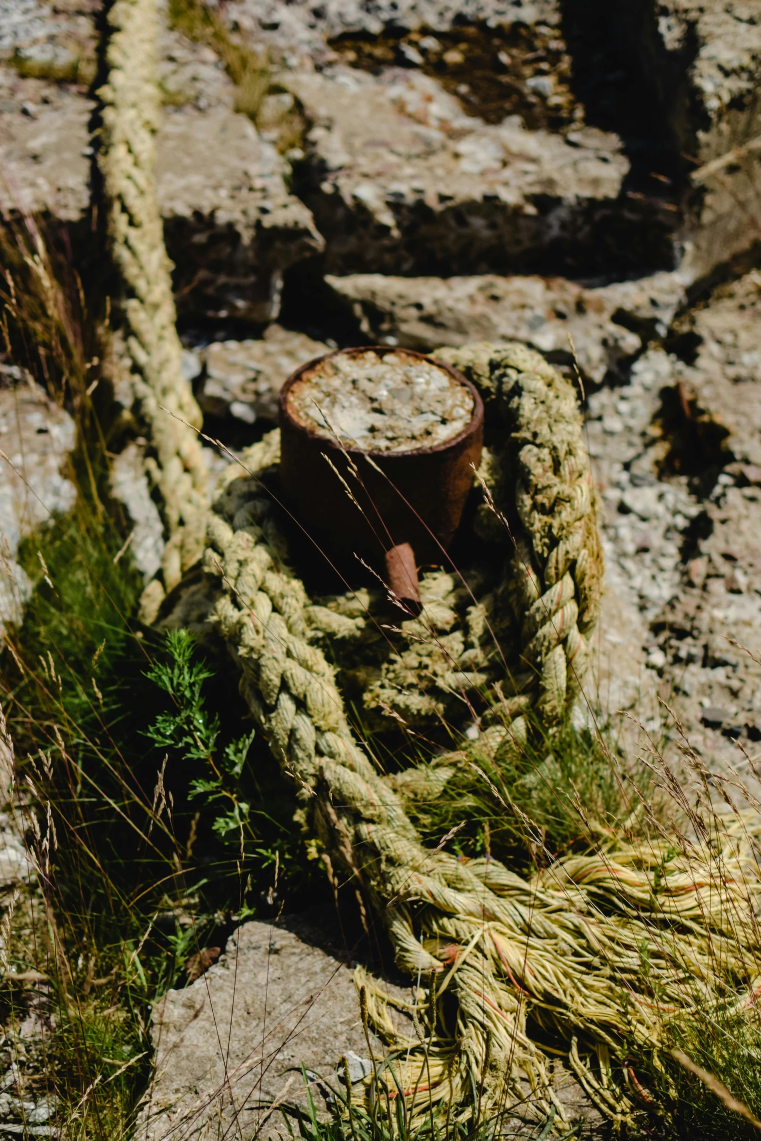 a close up of a rope on a rock, an album cover, by Adam Marczyński, land art, mortar and pestle, viking attire, herb, dressed in a worn