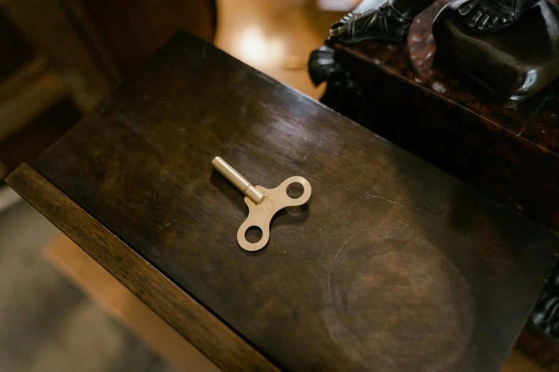 a key sitting on top of a wooden table, brass plated, alessio albi, small gadget, foundry vtt