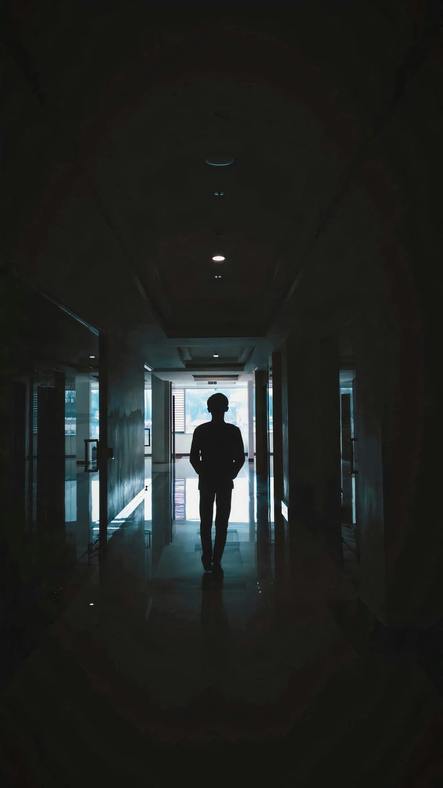 a silhouette of a person walking down a dark hallway, an album cover, pexels, hospital lighting, standing in class, ryan jia, single portrait