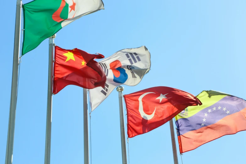 a bunch of flags that are flying in the air, a cartoon, pexels, cloisonnism, square, turkey, g 7 summit, asian hyperdetailed