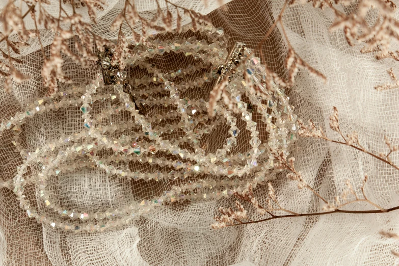 a bunch of beads sitting on top of a table, by Emma Andijewska, unsplash, crystal cubism, tulle and lace, platinum jewellery, soft shade, finer details : 3