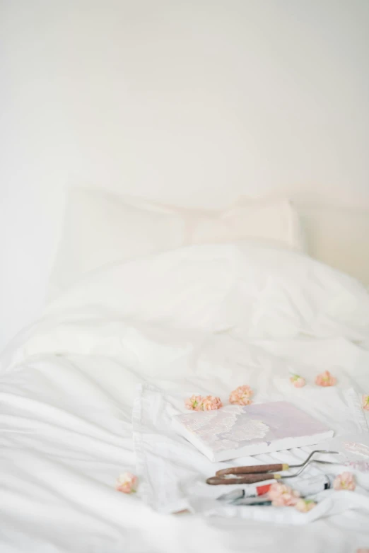 a bed with white sheets and flowers on it, by Emily Shanks, pexels contest winner, white minimalistic background, snacks, soft colors, concert