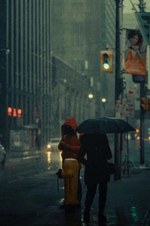 a couple of people that are standing in the rain, inspired by Elsa Bleda, toronto city, movie filmstill