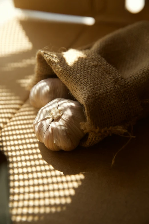 a bag of garlic sitting on top of a table, a portrait, unsplash, sunlight filtering through skin, slide show, brown, close together
