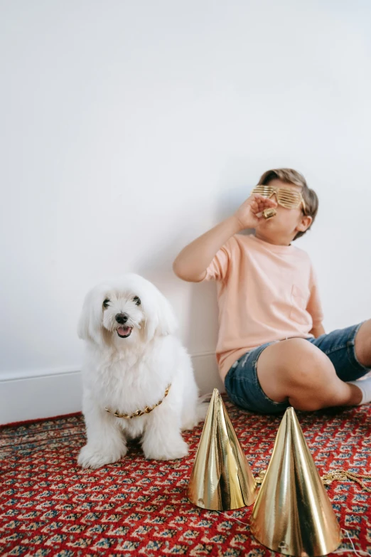 a little girl sitting on the floor next to a white dog, an album cover, pexels contest winner, gold decorations, eating a donut, a boy made out of gold, profile image