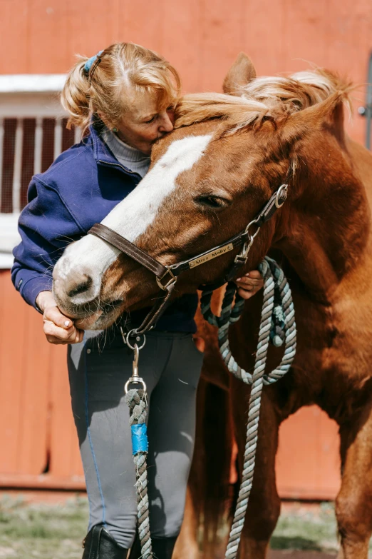 a woman standing next to a brown and white horse, hugging each other, neck zoomed in, blue, supportive