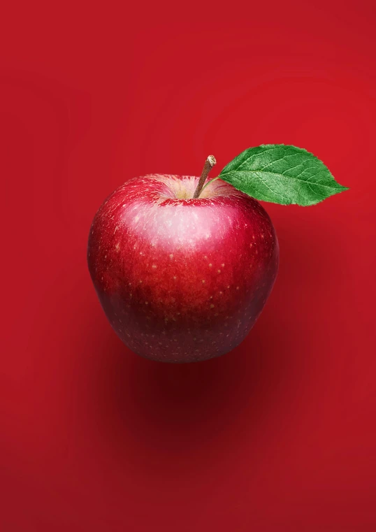 an apple with a leaf on a red background, a digital rendering, shutterstock contest winner, hyperrealism, 2 5 6 x 2 5 6 pixels, food commercial 4 k, mint, confident pose