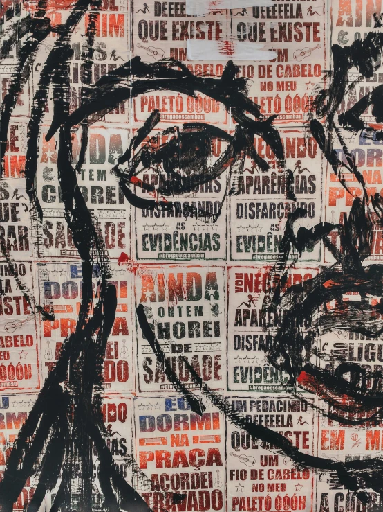 a close up of a painting of a woman's face, poster art, by Rodolfo Amoedo, neo-expressionism, newspaper collage, man with glasses, brazil, propaganda-print