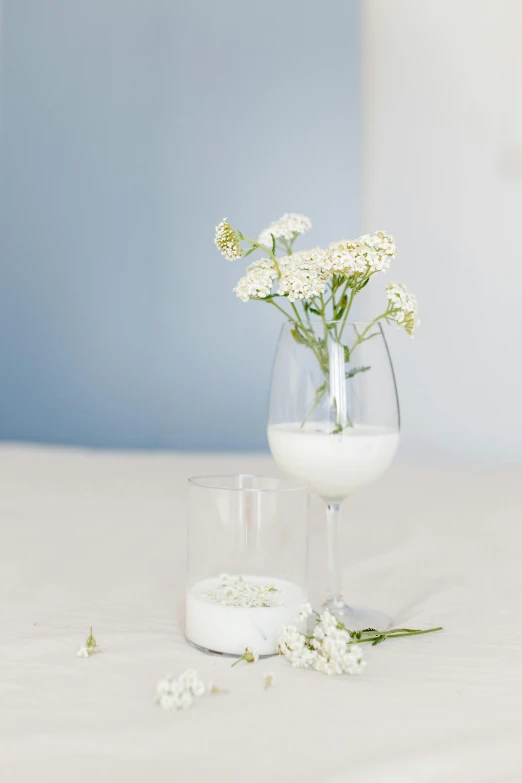 a vase filled with white flowers sitting on top of a bed, small glasses, white background and fill, milk, white and pale blue