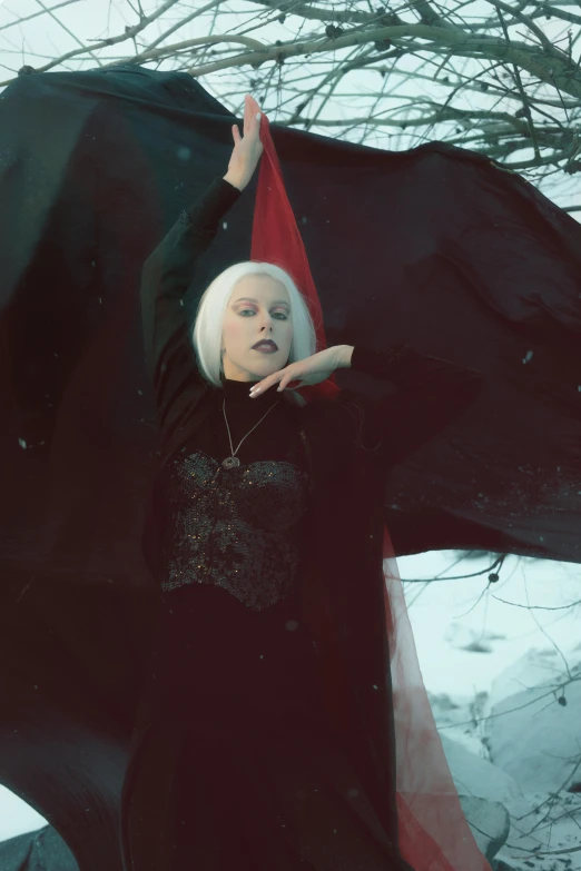 a woman dressed as a vampire standing in the snow, an album cover, pexels contest winner, international gothic, white hair floating in air, androgynous person, raven black, dasha taran