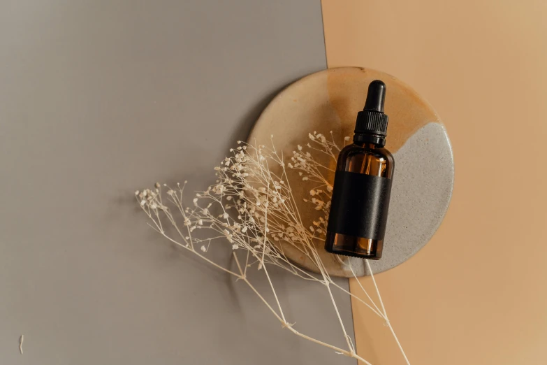 a bottle of essential oil sitting on a wall, trending on pexels, aestheticism, black fine lines on warm brown, thumbnail, studio product shot, botanicals