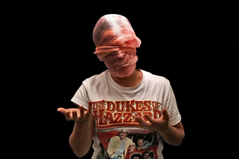 a man in a white shirt holding a cell phone, an album cover, by Daniel Lieske, hyperrealism, balaclava mask, red mesh in the facede, duke 3 d, covered in transparent cloth