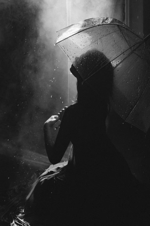a black and white photo of a woman holding an umbrella, inspired by irakli nadar, dark glowing rain, ✨🕌🌙, hello darkness my old friend, just art for dark metal music