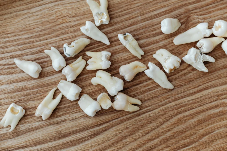 a pile of toothbrushes sitting on top of a wooden table, inspired by Tooth Wu, unsplash, renaissance, jewelry made of bones, small blond goatee, fragments, white rocks made of bone