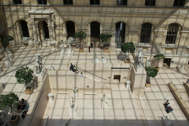 a group of people that are inside of a building, a marble sculpture, with a french garden, mezzanine, overview, artstaion