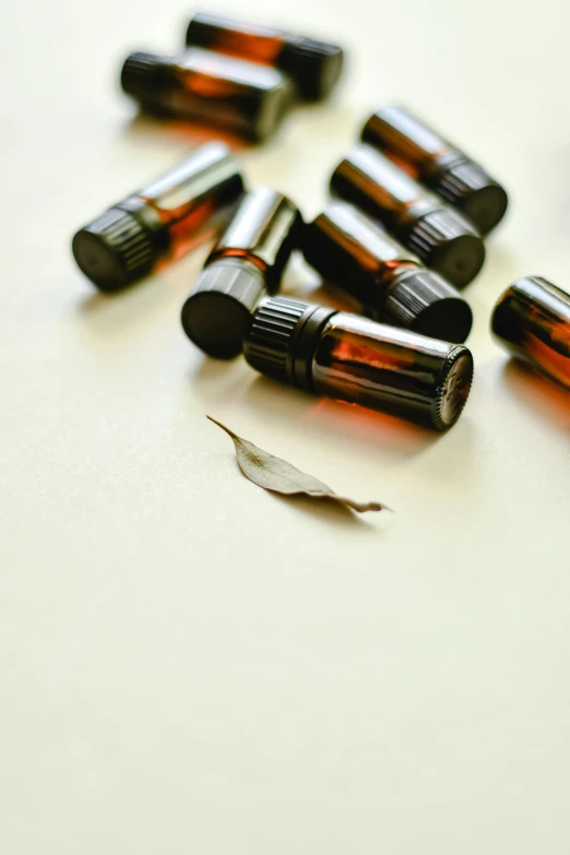 several bottles of essential oils on a white surface, a picture, by Maria van Oosterwijk, pexels, made of leaves, brown, low quality photo, icon