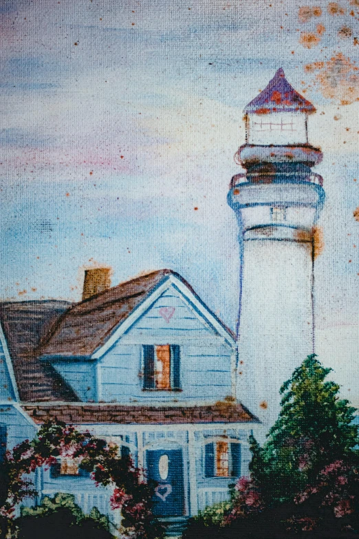 a painting of a house and a lighthouse, inspired by Childe Hassam, folk art, medium closeup, museum, lynn skordal, vintage color