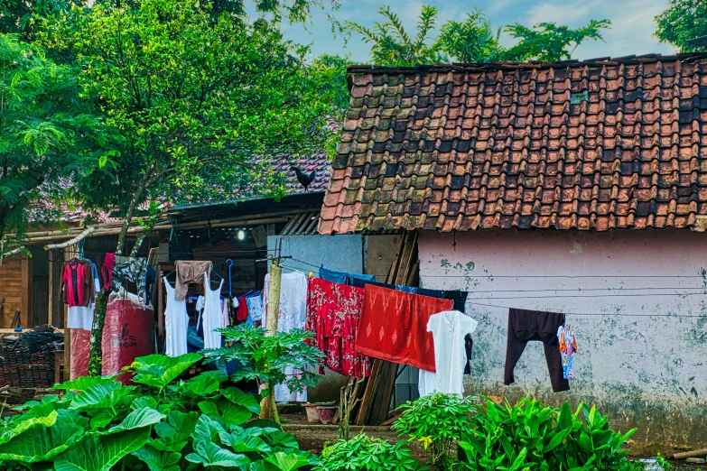 a house with clothes hanging out to dry, a photo, inspired by Steve McCurry, happening, kerala motifs, portrait image