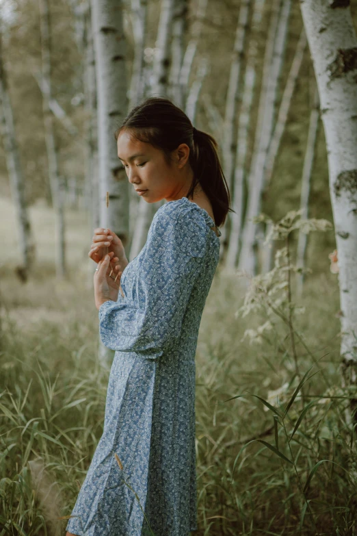 a woman standing in the middle of a forest, by Anna Boch, unsplash, renaissance, wearing a blue qipao dress, midsommar style, profile image, picking flowers