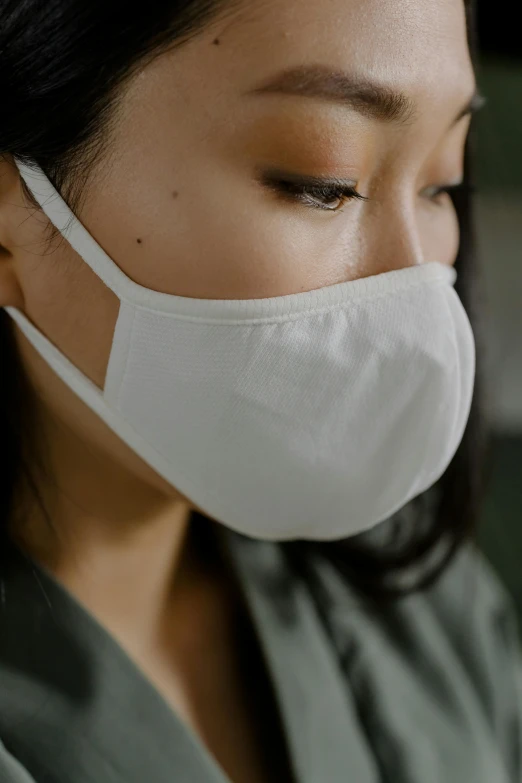 a close up of a person wearing a face mask, linen, jen yoon, from 8 k matte, superior