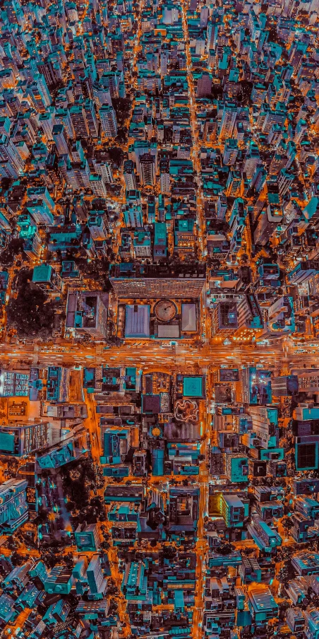 an aerial view of a city at night, digital art, by Adam Marczyński, unsplash contest winner, orange and teal color, intricate hyper detail, high angle close up shot, bird\'s eye view