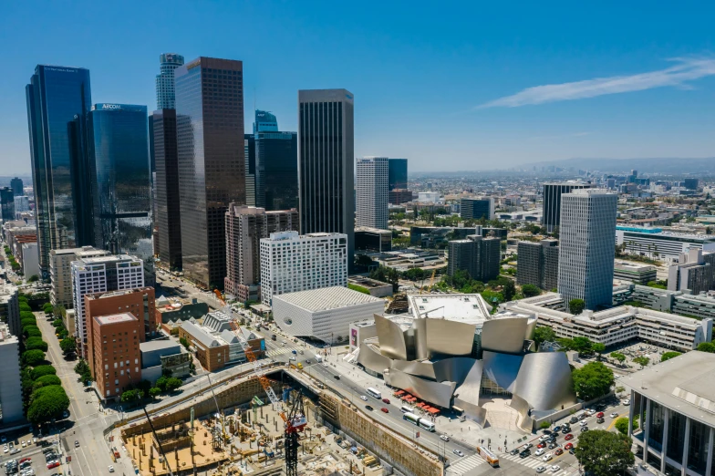 an aerial view of a city with tall buildings, by William Berra, unsplash contest winner, visual art, los angelos, morphosis, on a bright day, concert