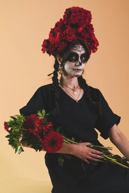 a woman in day of the dead makeup holding flowers, inspired by Frida Kahlo, vanitas, sarah andersen, press shot, and, withered