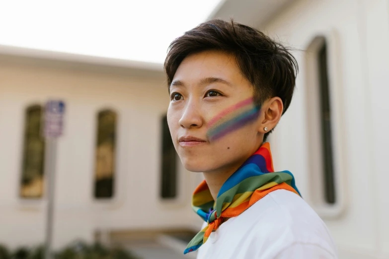 a close up of a person wearing a scarf, inspired by Okuda Gensō, trending on pexels, shin hanga, portrait androgynous girl, proud looking, asian descent, gay rights