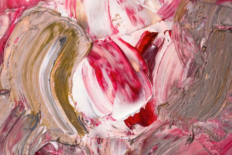 a close up of a painting of a flower, an abstract painting, inspired by Julian Schnabel, trending on pexels, red white and gold color scheme, jenny saville and nicola samori, hearts, detailed product image