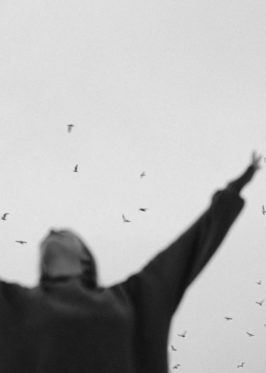 a man standing in front of a flock of birds, a black and white photo, unsplash contest winner, conceptual art, waving robe movement, hooded, hands reaching for her, the sky is gray