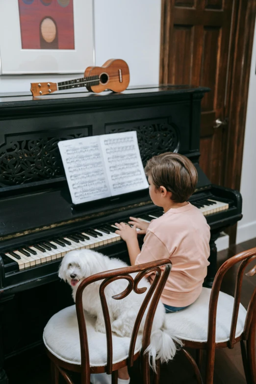 a little girl is playing the piano with her dog, inspired by Edward George Handel Lucas, pexels contest winner, playing guitars, attractive male playing piano, private school, lachlan bailey