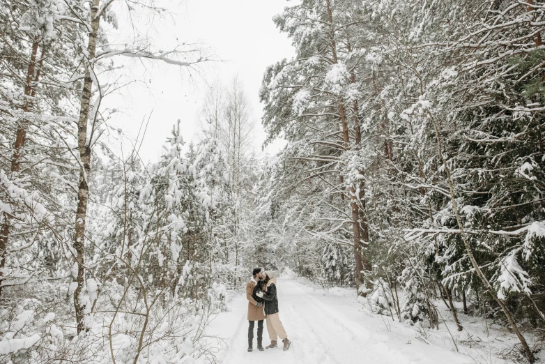 a man and woman standing next to each other in the snow, a photo, by Jaakko Mattila, pexels contest winner, against the backdrop of trees, white backround, celebrating, with lots of details