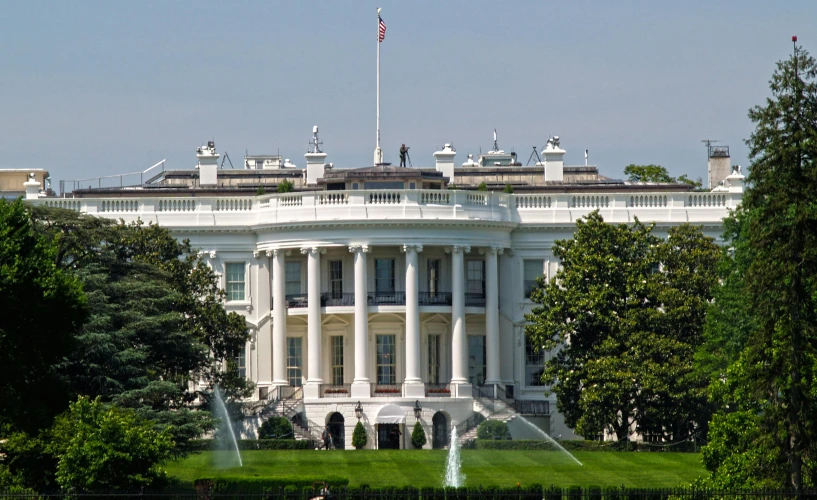 a large white building with a fountain in front of it, by Samuel Washington Weis, pexels contest winner, standing in the oval office, early 2 0 0 0 s, panoramic shot, in 2 0 1 2