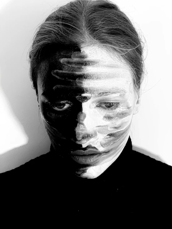 a black and white photo of a woman with smoke coming out of her face, a black and white photo, by Anna Füssli, hyperrealism, wearing war paint, many variations of thom yorke, stripe over eye, black facemask