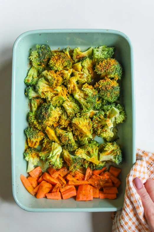 a person holding a plate of broccoli and carrots, by Julia Pishtar, dau-al-set, filling the frame, crispy, 4l, unlit