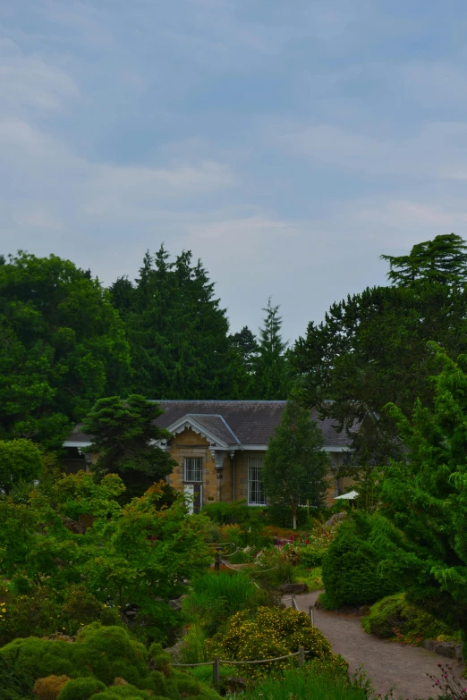 a clock tower sitting in the middle of a lush green forest, inspired by Henri Harpignies, rococo, roof garden, several cottages, overcast lighting, shot from roofline