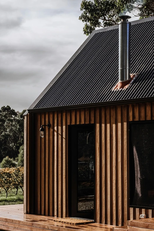 a house sitting on top of a wooden deck, by Peter Churcher, unsplash contest winner, black vertical slatted timber, side portrait imagery, galvalume metal roofing, asymmetrical spires
