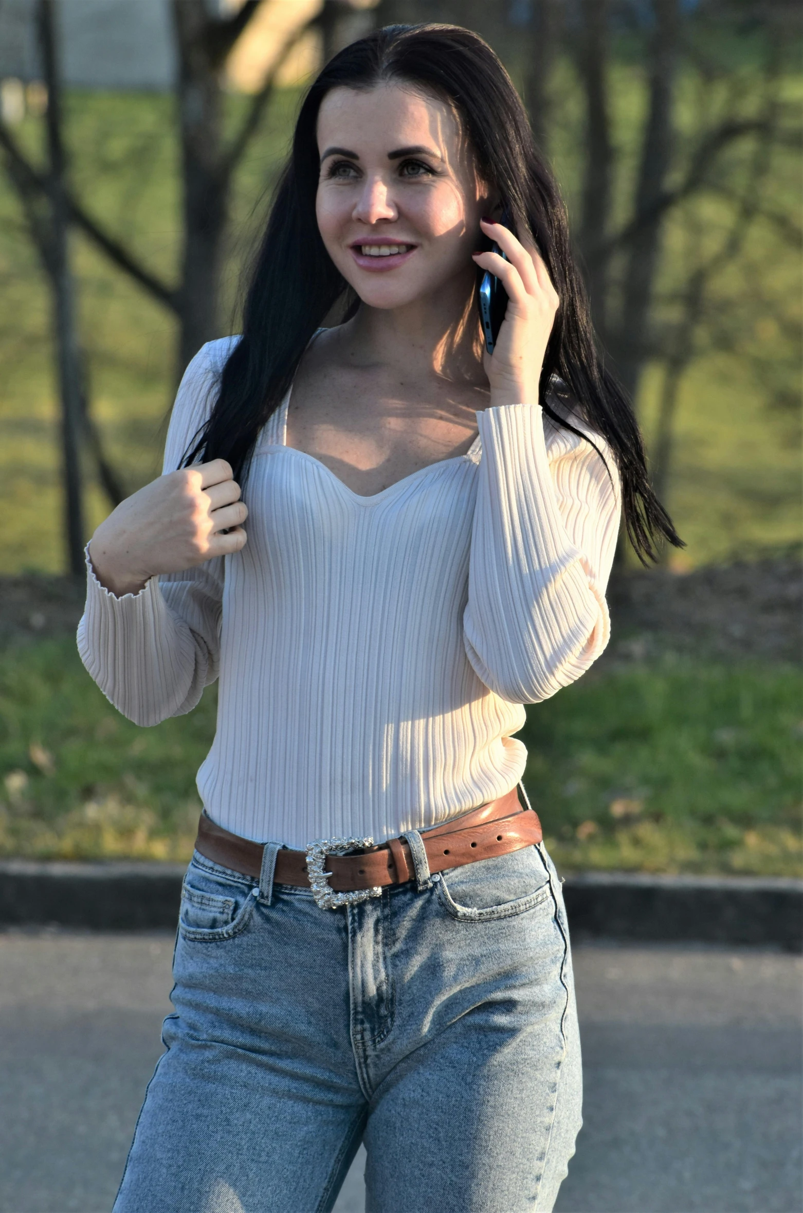 a woman in jeans talking on a cell phone, instagram, renaissance, open neck collar, light tan, sha xi, half body cropping