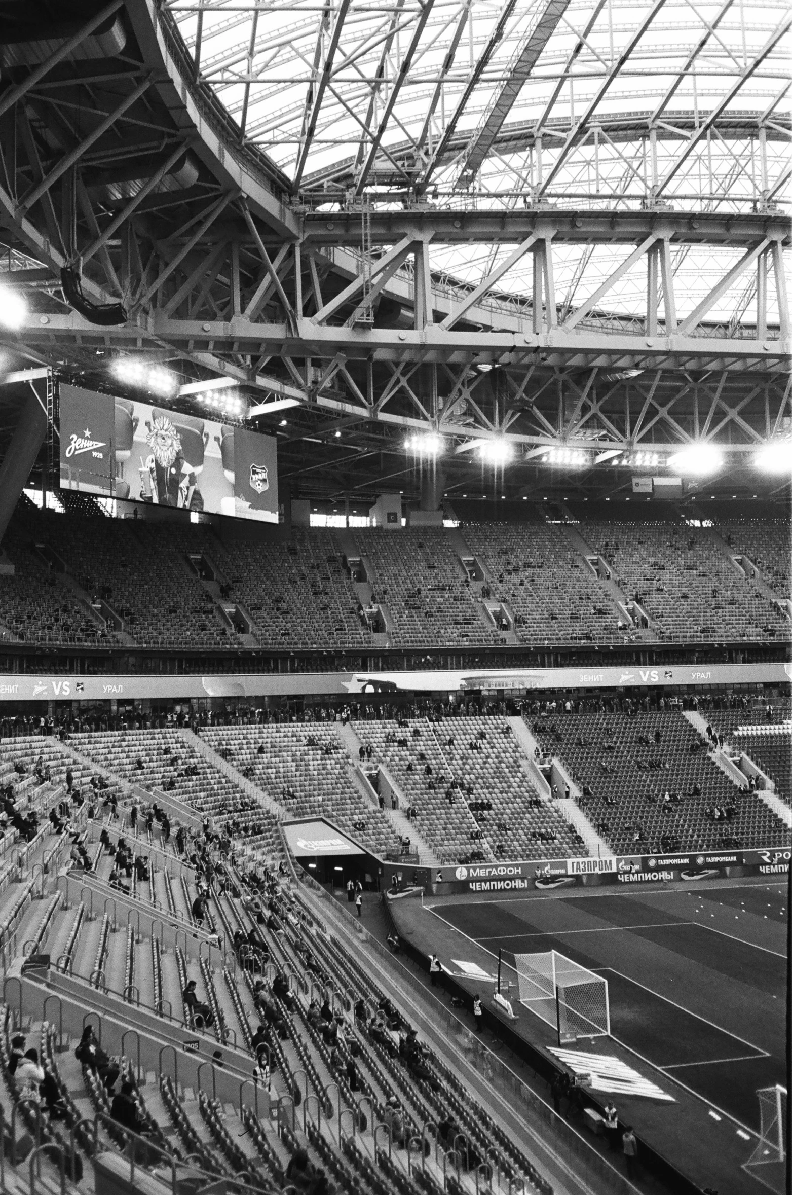 a black and white photo of a soccer stadium, inspired by Thomas Struth, happening, 2 5 6 x 2 5 6 pixels, melbourne, view from inside, seattle