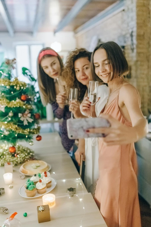 a group of women standing around a table holding wine glasses, a picture, shutterstock, happening, christmas tree, trending on tiktok, teenagers, medium long shot