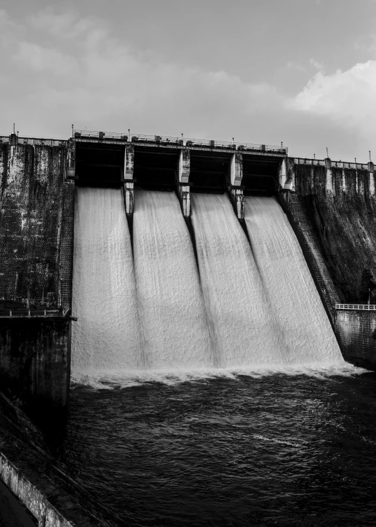 a black and white photo of a dam, by Dan Scott, hydration, powering up. hyperdetailed, ready to eat, recognizable