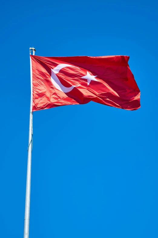 a turkish flag flying high in the sky, an album cover, pexels, clear blue sky, square, overview, 1 2 9 7