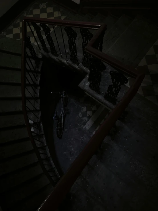 a person riding a bike down a set of stairs, by Daniel Seghers, unsplash contest winner, baroque, horror game, low quality photo, looking down at you, dark. no text