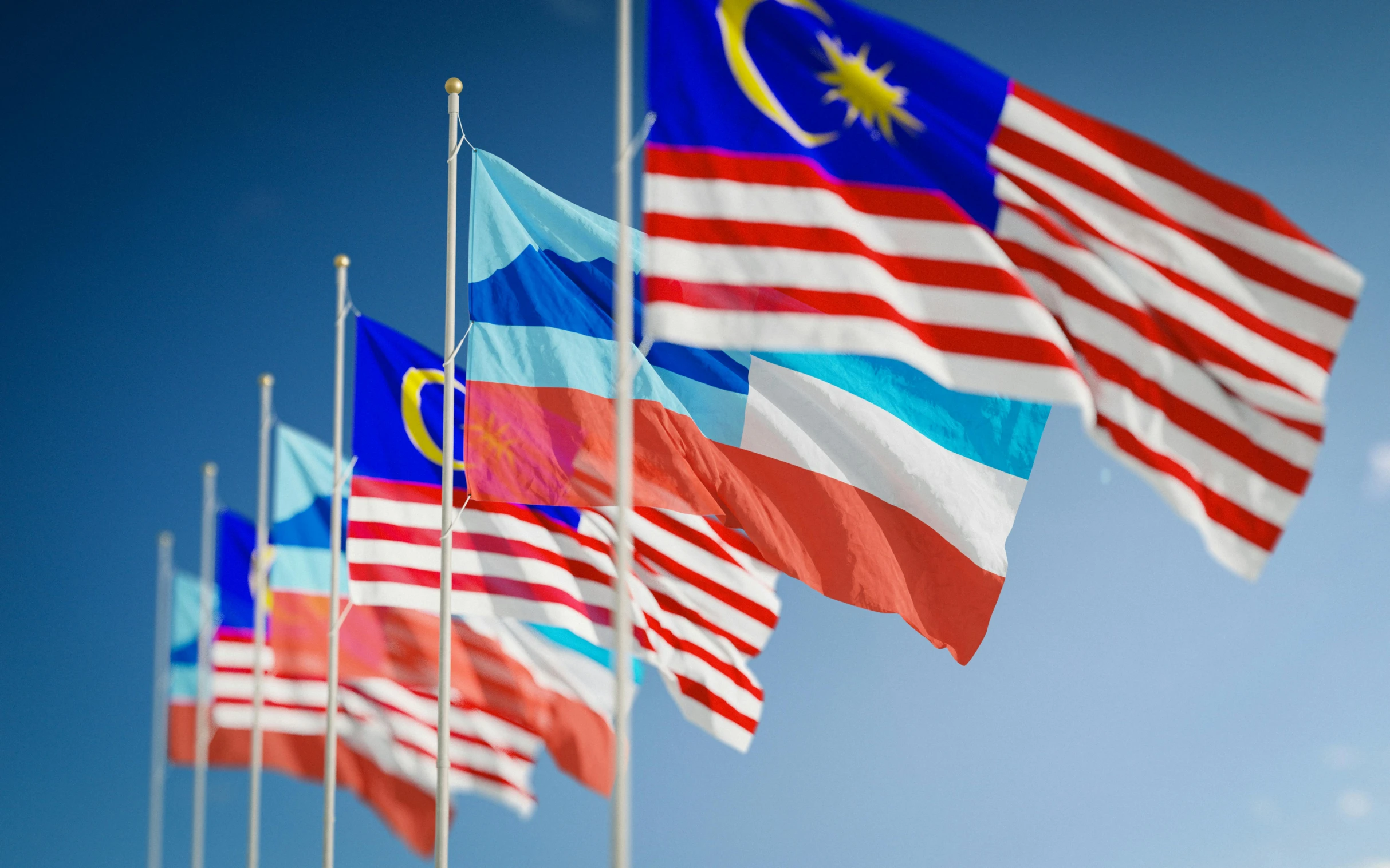 a row of american and malaysian flags blowing in the wind, a portrait, shutterstock, hurufiyya, pink white turquoise, square, patent registry, south east asian with long