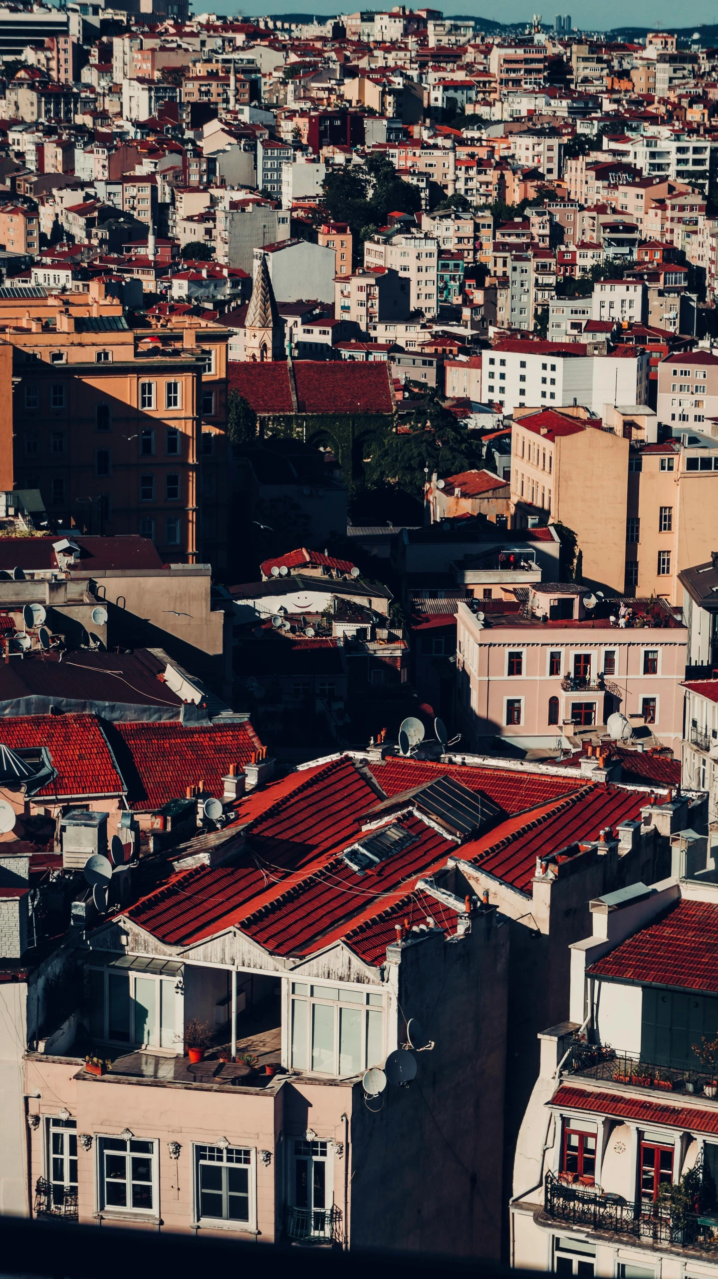 a view of a city from the top of a building, red roofs, 35mm —w 1920 —h 1080, lisbon, instagram picture