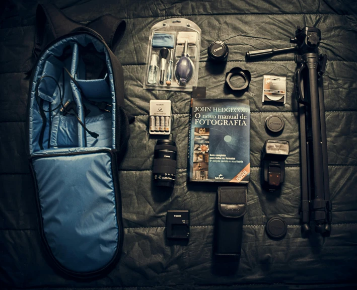 the contents of a backpack laid out on a bed, by Adam Marczyński, hasselblad photography, blue toned, 4k. profession photography, looking to camera