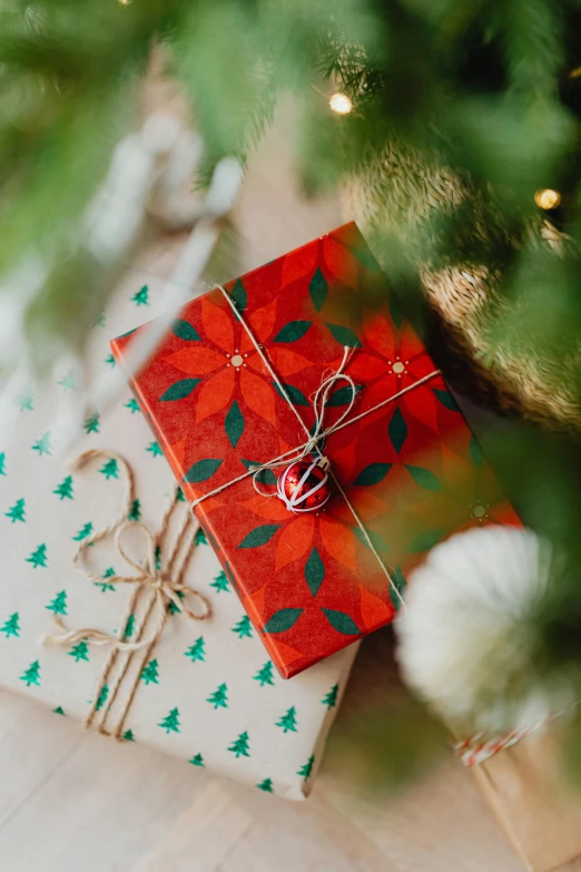 a christmas present sitting on top of a table next to a christmas tree, by Julia Pishtar, peppermint motif, zoomed in, botanicals, two