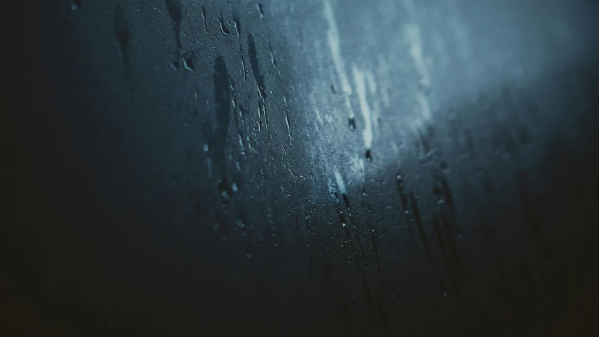 a close up of a window with rain on it, an album cover, inspired by Elsa Bleda, matte background. unreal engine, dark blue tones, quixel textures, drippy